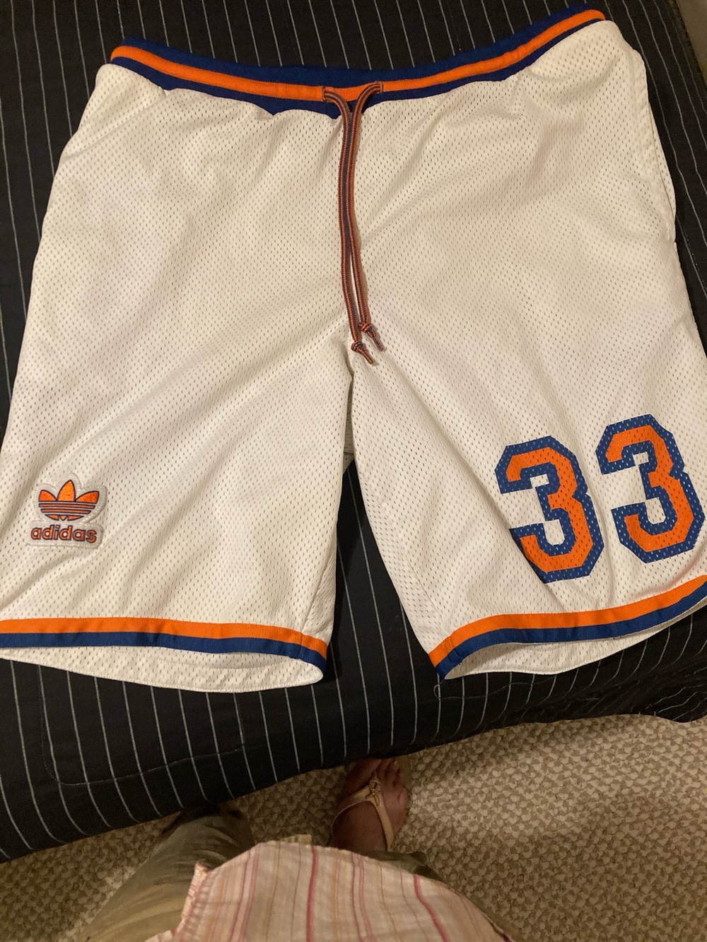 adidas Men’s White Mesh Athletic Shorts with Blue & Orange Accents